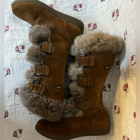 PRIMIGI SUEDE FAUX FUR KNEE-HIGH BUCKLE BOOTS BROWN GRAY BOOTIES GIRL 31 13 12.5 - Picture 13 of 15